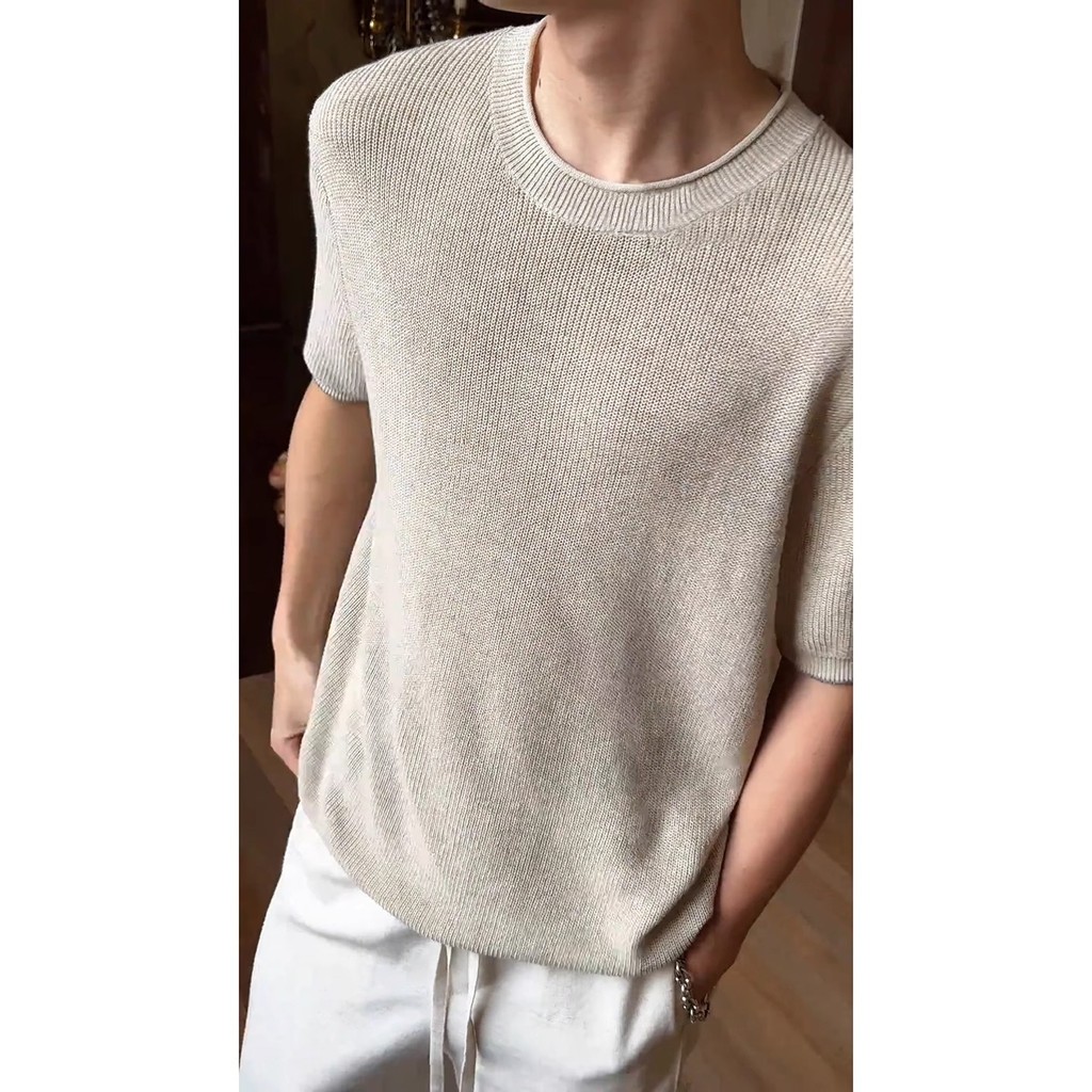 Phong Cách Tiền Cũ Vải Lanh Dệt Kim Tay Ngắn Nam Mùa Hè Mỏng Phong Cách Thoáng Khí Lười Top Kaki Cotton Vải Lanh Áo Thun PTKS