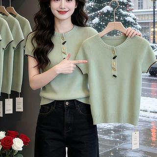 Áo len ngắn tay cổ tròn màu xanh lá cây phong cách Hàn Quốc, nhẹ thoáng mát cho mùa hè