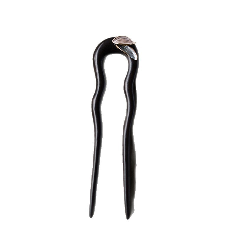 WHX-15cm Gỗ Đàn Hương U-pin Cài Tóc Phong Cách Trung Hoa, Thanh Lịch, Cao Cấp, Họa Tiết Lá Xanh Mun, Phụ Kiện Cổ Trang
