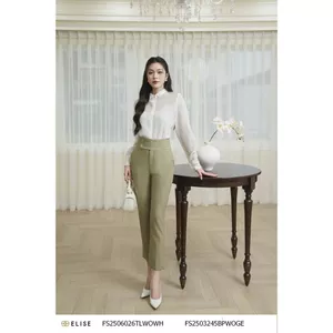 Quần baggy xanh olive nhạt cạp cúc lệch thiết kế Elise mã FS2503245BPWOGE