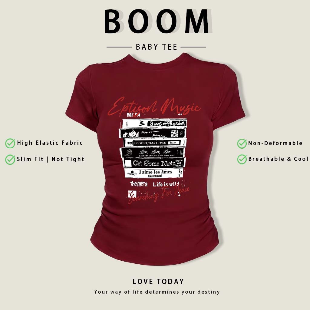 BOOM Áo Baby Tee Nữ Cotton Ôm Body-Áo Thun Ngắn Tay Y2K In Hình PhongCách Mùa Hè, Cổ Tròn Hàng Đầucách hàn quốc phongE37