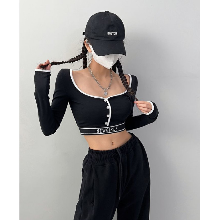 Milyfashion Tay Dài T Màu Khóa Siêu Ngắn Rốn Cao-