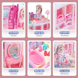Công Chúa Nhà Búp Bê Playset Màu Hồng Mang Theo Túi Búp Bê Mini Xe Tay Ga Đồ Chơi Quà Tặng Bé Gái