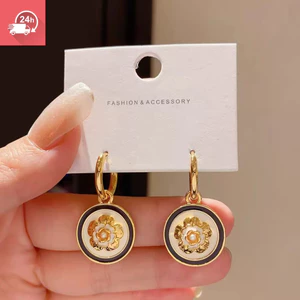 Bông tai nữ retro kiểu Pháp màu đen và trắng, thiết kế tròn đa năng và sang trọng