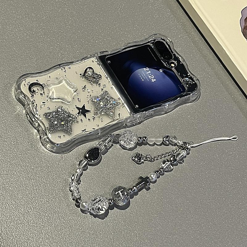 Thích hợp cho Ốp điện thoại Samsung Galaxy ZFlip7 ZFlip6 có kim sa khối ngôi sao lấp lánh bao gồm dây buộc gấp vỏ cứng tương thích với vỏ bảo vệ ZFlip 7 6 5 4 3 5G