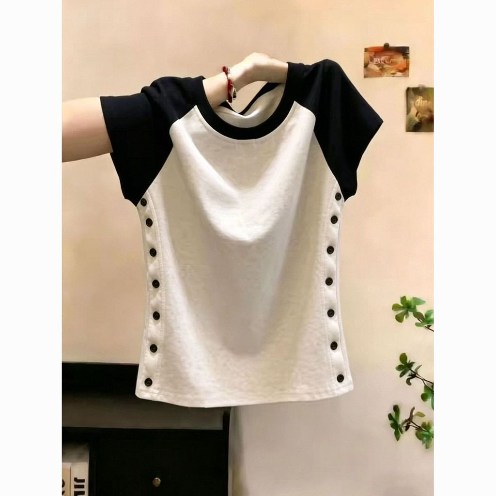 Quần áo nữ Cotton chải kỹ Milyfashion Áo thun ngắn tay màu tương phản eo hẹp Áo thun ngắn tay Slim-Fit Slimmer Look Top