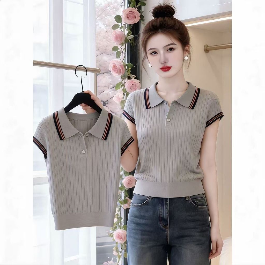 Phiên Bản Hàn Quốc Sợi Cotton Màu Xám Dệt Kim Áo Sơ Mi Polo Mùa Hè Phong Cách Mới Thời Trang Đi Lại Phù Hợp Với Thời Trang Mỏng Hơn Nhìn Top Tính Khí Thanh Lịch Thường Ngày Thiết Kế Đơn Giản Niche Cảm Giác Cao Cấp Nữ Ngắn-