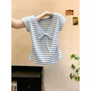 Áo thun ngắn tay sọc màu tương phản phổ biến năm nay dành cho nữ Mùa hè Phong cách mới Cổ chữ V buộc dây Tính khí thông thường Giảm tuổi