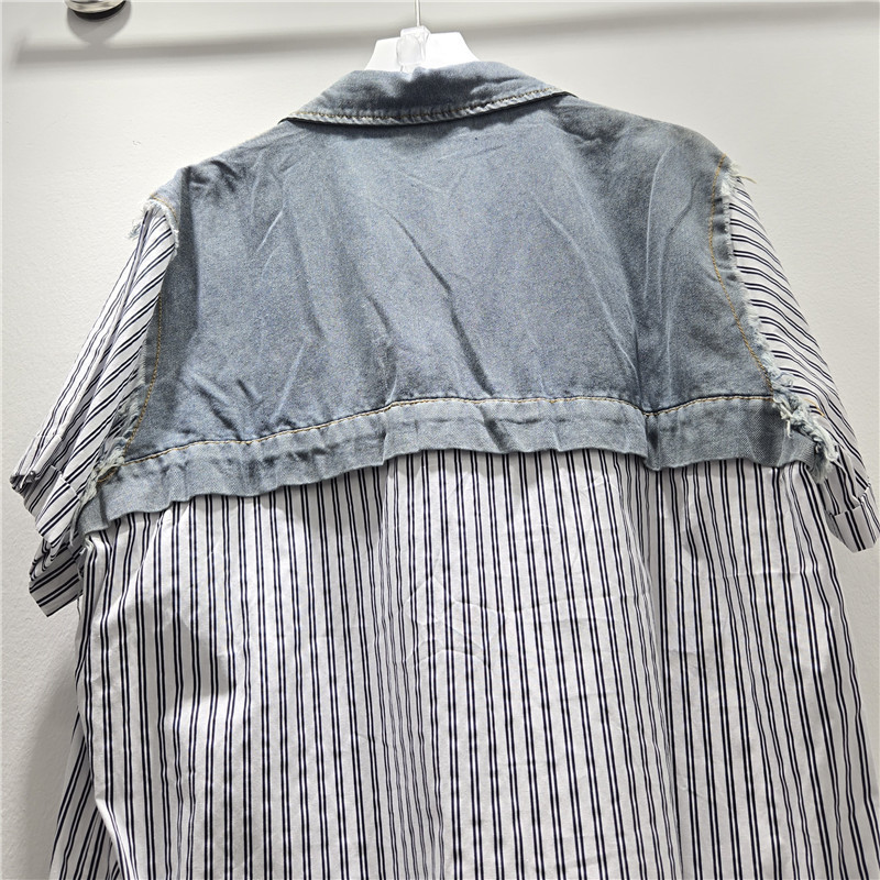 Châu Âu Khâu Màu Sắc Tương Phản In Chữ Denim Áo Sơ Mi Tay Ngắn Phong Cách Thoáng Mát Nữ Mùa Hè Rời Fried Street Áo Sơ Mi