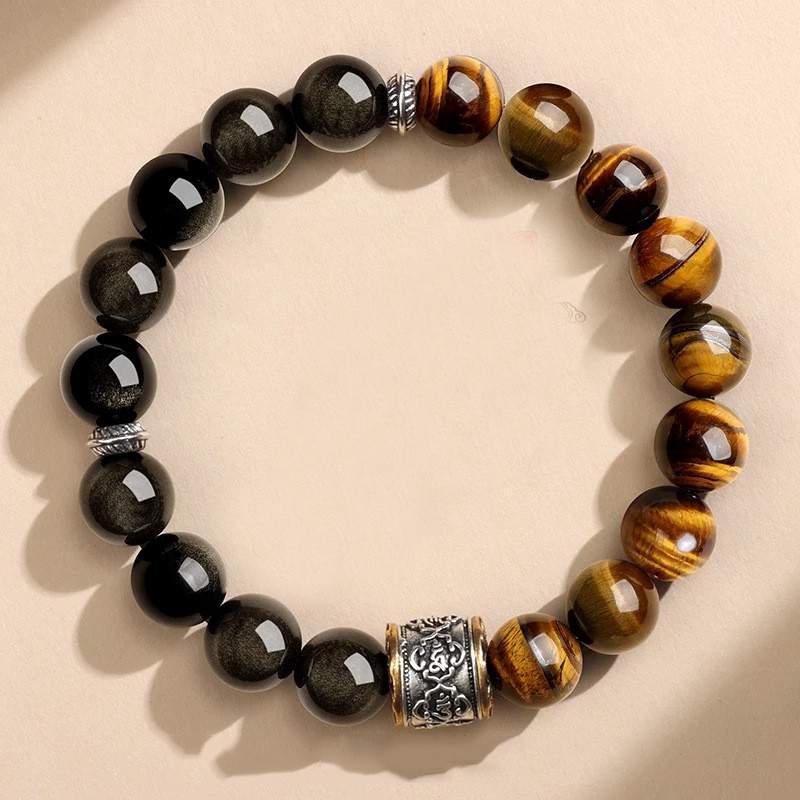 Vòng tay Obsidian mắt hổ tự nhiên Unisex - Hạt Mantra sáu chữ - Miếng đệm bạc trang trí công phu - Thủ công cổ điển dân tộc