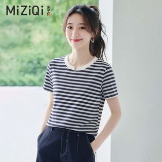 【MiZiQi】Áo thun sọc ngắn tay dành cho nữ, áo thun nữ cổ chữ V nhỏ gọn mùa hè
