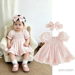Váy liền quần mùa hè bé gái thêu hoa dễ thương Bộ áo liền quần ngắn tay bong bóng