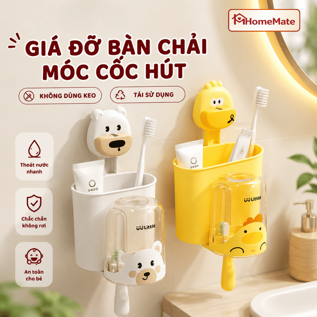 Giá Để Bàn Chải Đánh Răng HomeMate Hoạt Hình Dễ Thương – Kệ Nhà Tắm Gắn Tường Có Cốc Úp & Lỗ Thoát Nước