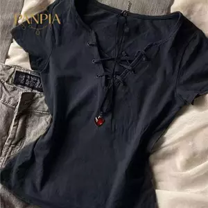 PNPIA-Áo thun ren chữ V gợi cảm kiểu Mỹ thời trang nữ Y2K Áo thun mỏng tay ngắn