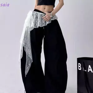 Váy Mini ren SAIA, xuyên thấu Y2K Dạo Phố Ren Xù Váy, Váy xếp li Harajuku cạp cao không đều