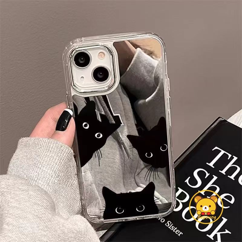 Ốp điện thoại gương mèo đen hoạt hình dễ thương cho Realme 16 15T 15X 15 Pro Plus C85 C83 C71 Neo8 GT8 Narzo 90X 80 Note 70 70T P4 Pro Lite P3 Ultra 5G Vỏ chống sốc ngộ nghĩnh