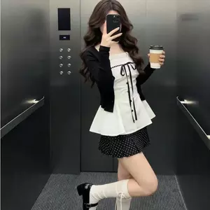 Phong Cách Hàn Quốc Mặc Phù Hợp Với Ren Nơ Sling Top + Chấm Bi Váy Ngắn Mặc Bên Trong Mặc Bên Ngoài Ôm Hơn Nhìn Bao Mỡ Ngọt Ngào Tính Khí Giảm Tuổi Hơi Thở Thoáng Mát
