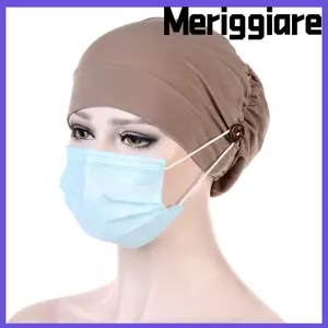 Mũ Chemo MERIGGIARE, Phụ kiện tóc Khăn xếp ly bảo vệ tai, Khăn xếp cotton màu trơn thời trang dành cho nữ