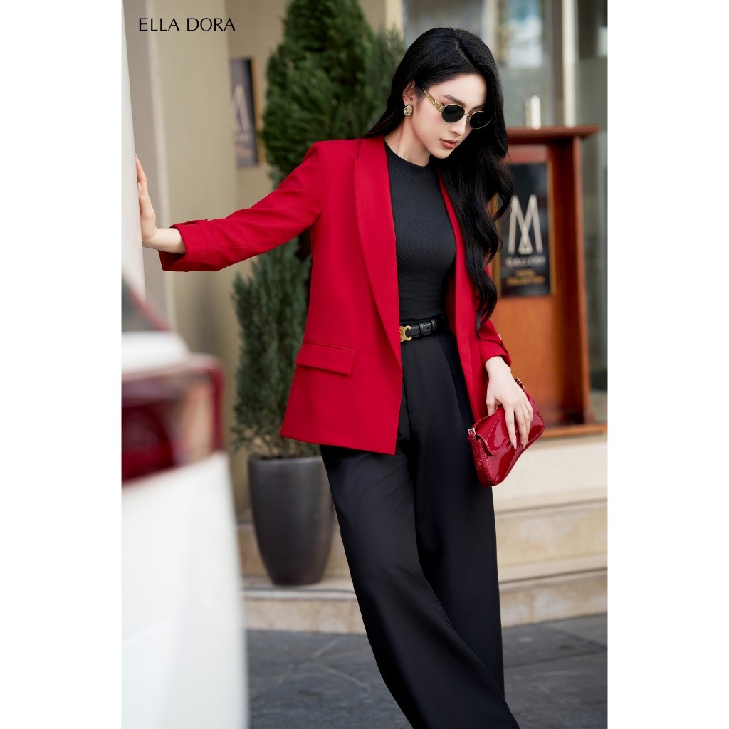 Áo blazer ELLA DORA form dáng suông không cúc cổ ve hiện đại thanh lịch 2 màu ĐEN/ĐỎ [V21]