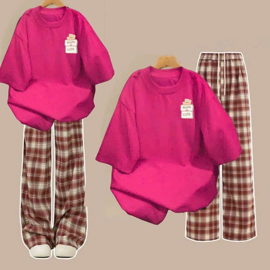 Bộ đồ kẻ caro đỏ quần dài + kết hợp áo phông chữ BEARSSSS unisex -CHANG3158