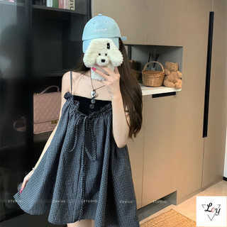 Đầm hoa dáng chữ A phong cách retro Pháp dành cho nữ ngoại cỡ, có dây buộc eo thanh lịch, đầm yếm dáng lửng phong cách Hàn Quốc mùa hè, tôn dáng, dây mảnh và họa tiết kẻ caro.