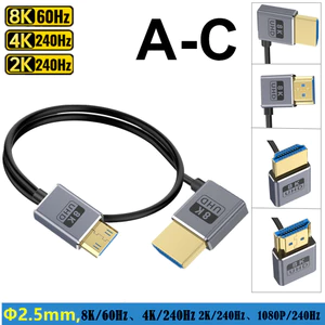 Cáp đồng trục Mini HDMI sang HDMI 2.1 8K @ 60Hz 4K @ 120Hz với phích cắm HDMI 90 độ, 0,3m / 0,6m / 1,2m cho máy ảnh kỹ thuật số, máy quay phim, HDTV, OD 2,5mm siêu mịn, 48Gbps