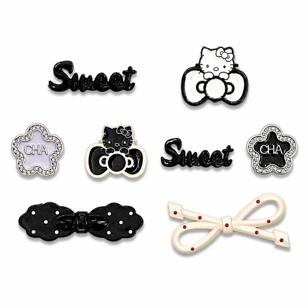 Set Charm Hello Kitty Đen Full Nơ Chấm Bi Hoa Hồng Cá Tính Cool Ngầu Trang Trí Dép Crocs Phụ Kiện Xinh Hot Trend 2026