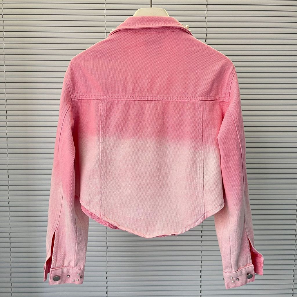 Áo Denim Nữ Công Nghiệp Nặng Đính Hạt, Phong Cách Châu Âu Mới với Họa Tiết Hoa Ba Chiều