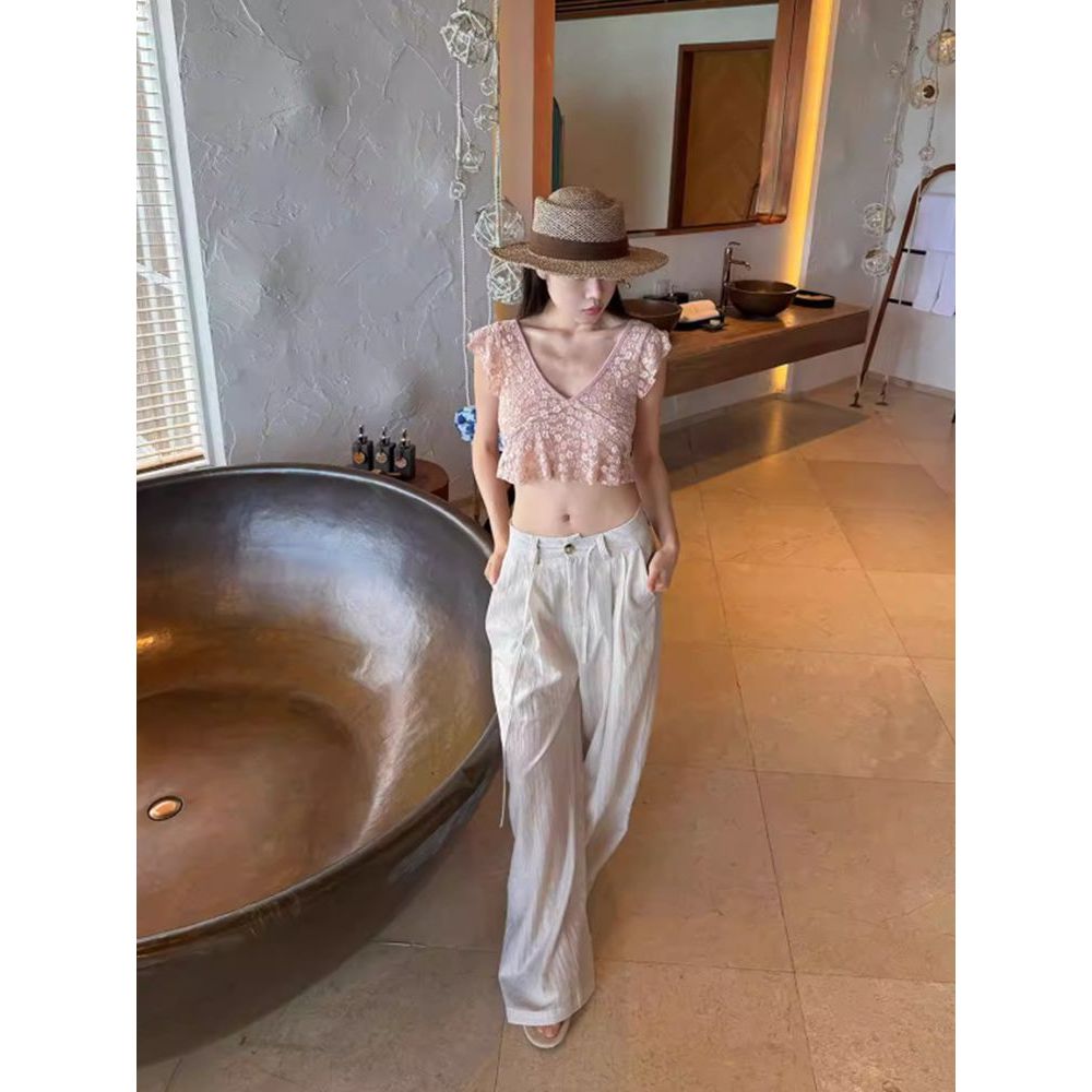 Milyfashion Gợi Cảm Lá Sen Tay Nhìn Xuyên Rỗng Ren Cổ Chữ V Sâu Rốn Mở Rộng T Mỏng Ngắn Top Bé tee Quần Áo Nữ