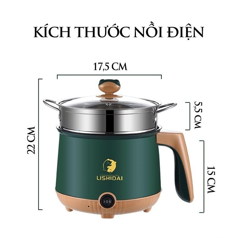 Nồi lẩu điện mini đa năng ca nấu mì 2 tầng tặng giá hấp nướng, luộc, chiên chống dính
