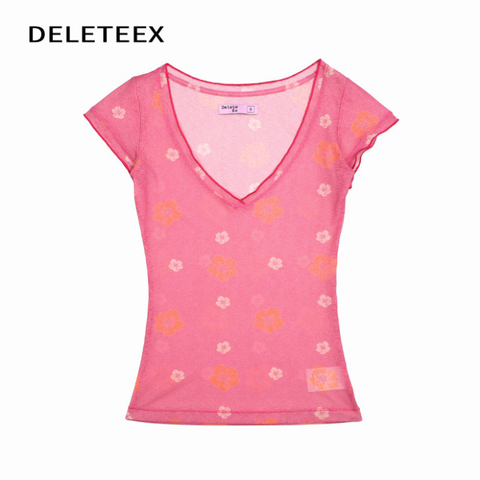 * * * * Sun Mark Series In Hoa Bông Tuyết Đan Co Giãn Ngắn Tay Sâu Cổ Chữ v Slim-Fit Áo Thun Cơ Bản26042806