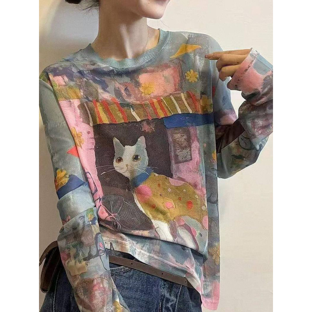 Milyfashion Lưới Hoạt Hình Cổ Tròn Dài Tay Phù Hợp Mùa Hè