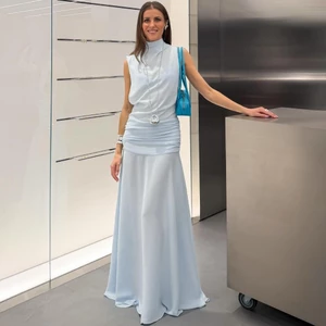 Cutenew Pháp Thanh Lịch Váy Maxi Skinny Off Vai Lưới Ruched Thoải Mái Thoáng Khí Nữ Mùa Hè Tính Khí Phong Cách