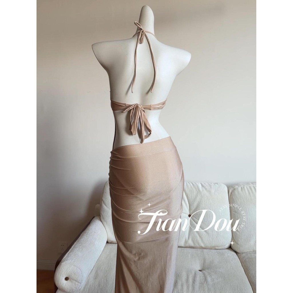 Cao Cấp Champagne Một Mảnh Váy Dài Đi Biển Đảo Kỳ Nghỉ Mùa Xuân Nóng Đồ Bơi Sâu V Cao Cấp Kết Cấu INS
