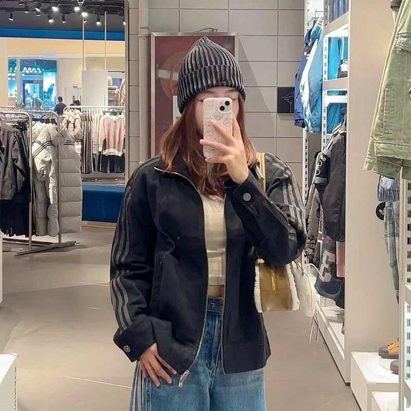 2026 Thu Đông Xuân Nam Nữ Rửa Cotton Đứng Cổ Sọc Áo Khoác Thêu Cặp Đôi Áo Khoác | BigBuy360 - bigbuy360.vn