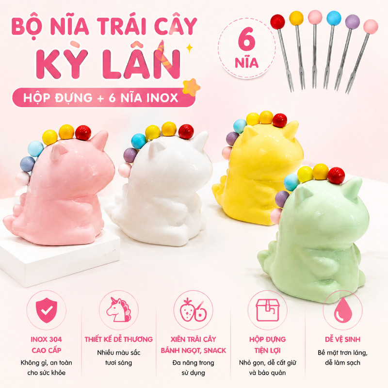 Nĩa Ăn Trái Cây Thép Không Gỉ 304, Đế Cắm Hình Kỳ Lân Gốm Sứ, Kèm 6 Nĩa Màu,Decor Bàn Ăn