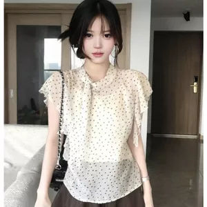 Áo sơ mi voan chấm bi phong cách Hàn Quốc dành cho nữ mùa hè thon gọn hơn trông sang trọng Áo sơ mi nhỏ Sling Top hợp thời trang hai mảnh