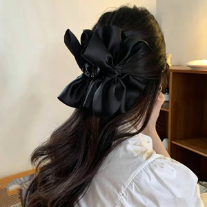 Đen Satin Không Đều Nơ Lớn Vuốt Tóc Kẹp Nữ Thanh Lịch Hình Ốc Vít Updo Phụ Kiện Tóc