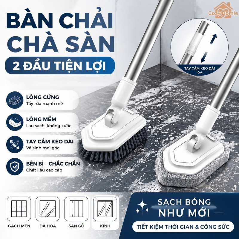 Chổi lau sàn nhà tắm đa năng 2 trong 1, đầu chổi xoay, lông chổi có độ mềm/cứng khác nhau.