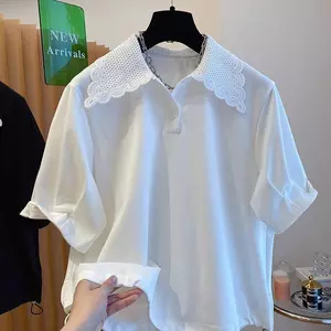 Áo thun ngắn tay cổ Polo ngắn nam nữ phong cách mới Dây rút ren dáng rộng hàng đầu mùa hè