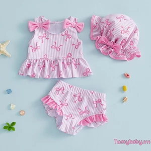 Bộ đồ bơi mùa hè cho bé gái mới biết đi Áo bể in sọc nơ + Quần short xù Bộ đồ tắm có mũ bơi