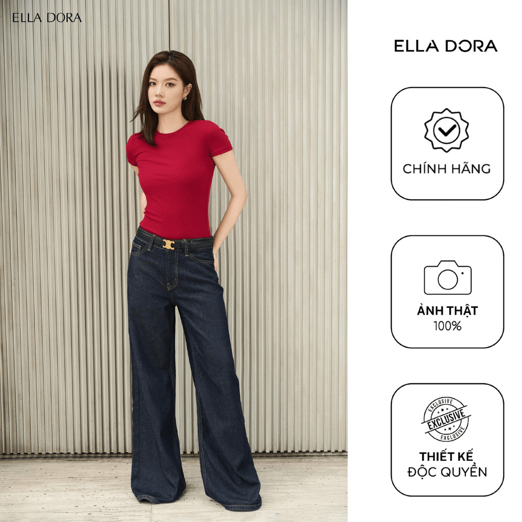 Quần jean nữ ELLA DORA thiết kế ống rộng llưng cao dáng dài thanh lịch sang trọng màu XANH ĐẬM [J02]
