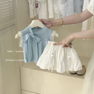 Bộ Đồ Trẻ Em 2026 Phong Cách Mới Thời Trang Trẻ Em Nơ Dệt Kim Áo Vest Top Bud Váy Hai Mảnh Phù Hợp Với