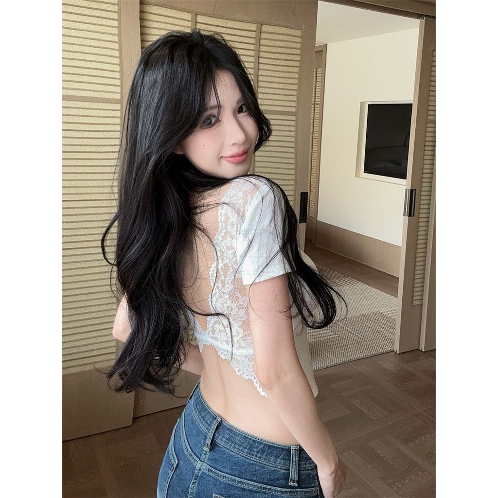 Milyfashion Pure Desire Bướm Dây Ren Modal Có Miếng Lót Ngực Tay Ngắn T Mùa Hè Phong Cách Mới Hot Girl Slim Ngắn Top baby tee Độ Đàn Hồi Cao Siêu Mềm