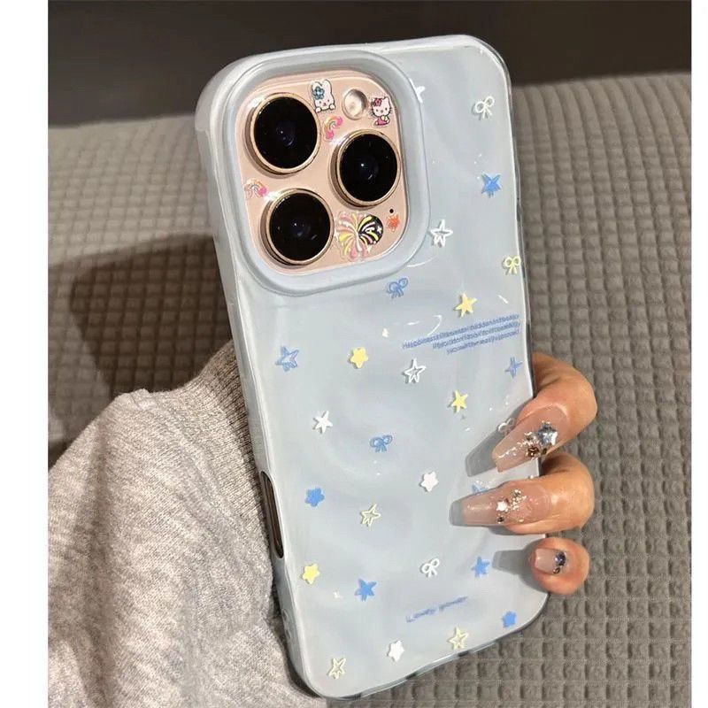 Vỏ iPhone màu hồng xanh họa sao vân đá thiên thạch nếp gấp phù hợp dòng 17 đến 11 Pro