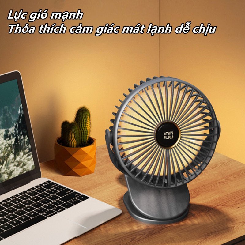 quạt tích điện mini xoay 360 độ 5 cấp gió không tiếng ồn pin lâu đèn ngủ phòng ngủ văn phòng