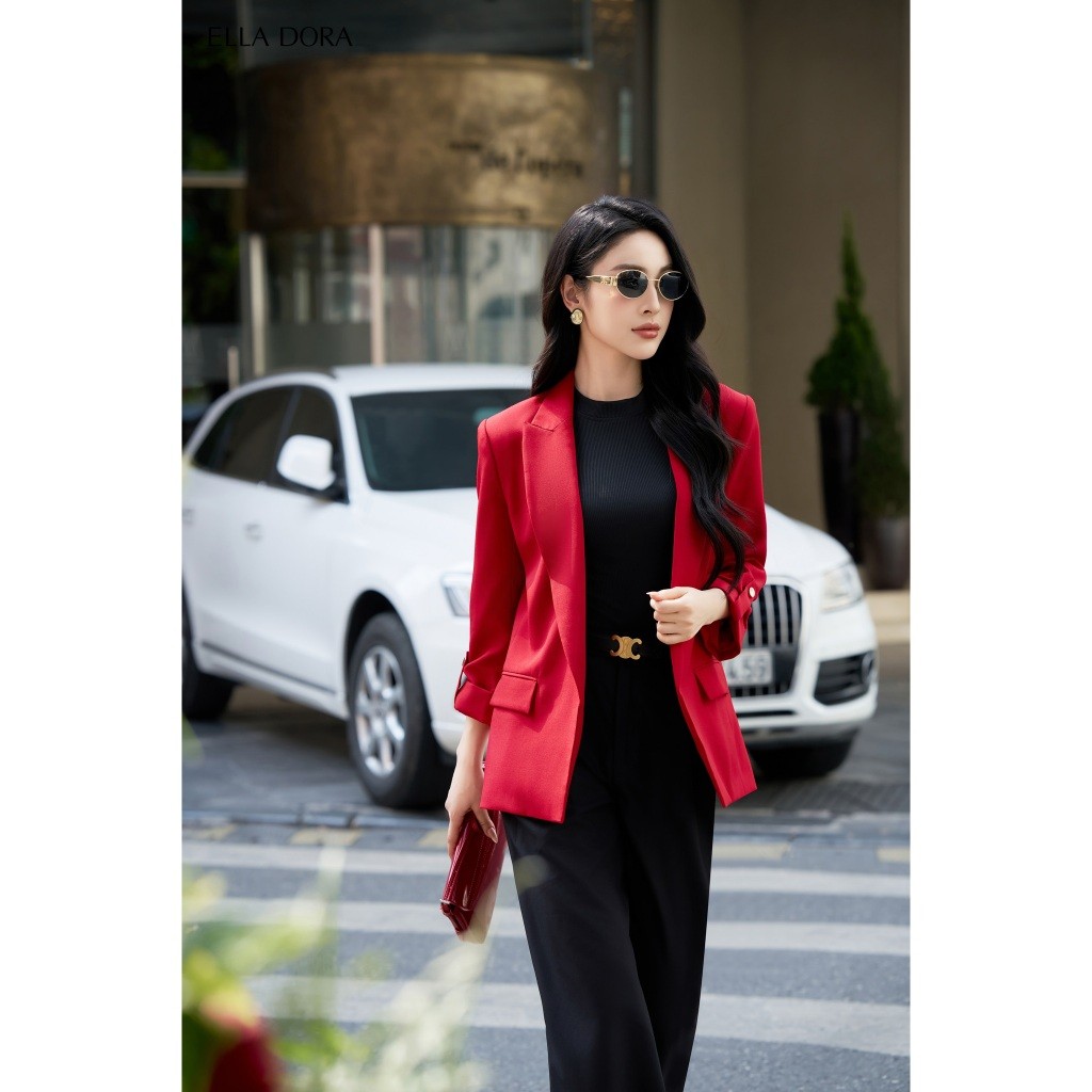 Áo blazer ELLA DORA form dáng suông không cúc cổ ve hiện đại thanh lịch 2 màu ĐEN/ĐỎ [V21]