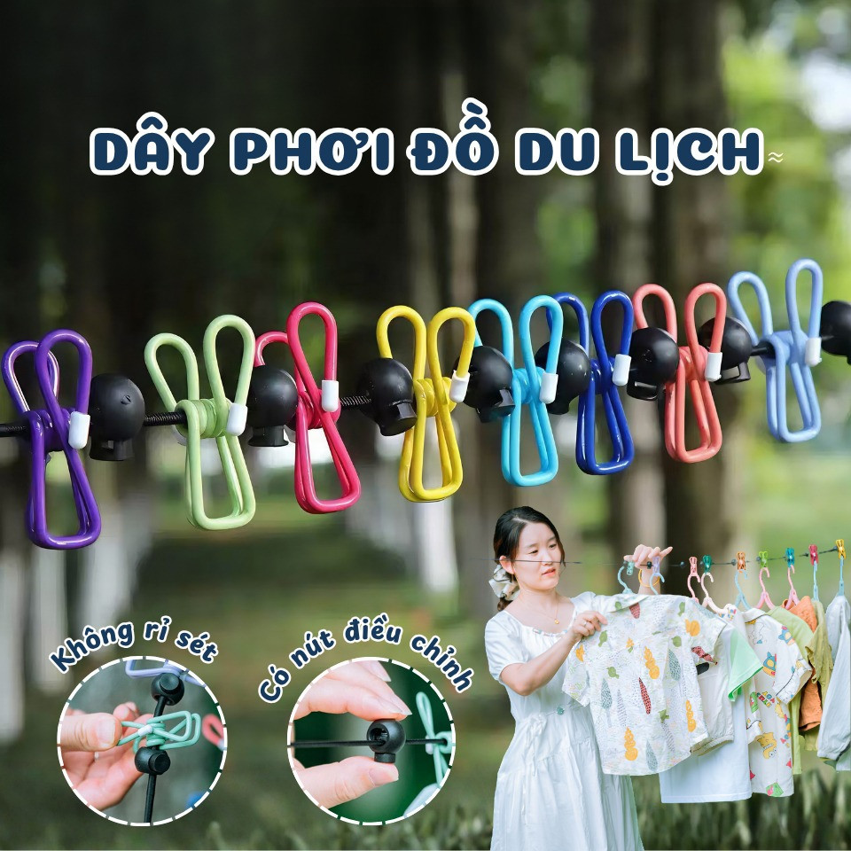 Dây Phơi Đồ Du Lịch 3.5m Co Giãn Nâng Cấp - 12 Kẹp Treo Phơi Quần Áo Di Động Chống Gió
