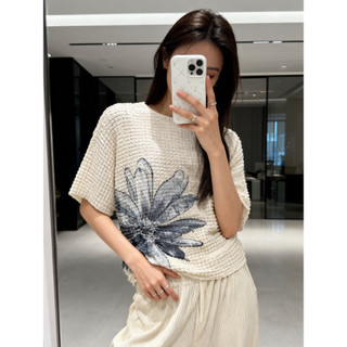 Miyake Phong Cách Xếp Ly In Hình Áo Thun Nữ Rời Độ Đàn Hồi Cao Bao Da Thịt Kích Thước Lớn Hàng Đầu Mùa Hè Thời Trang Xếp Ly Quần Áo Mỏng