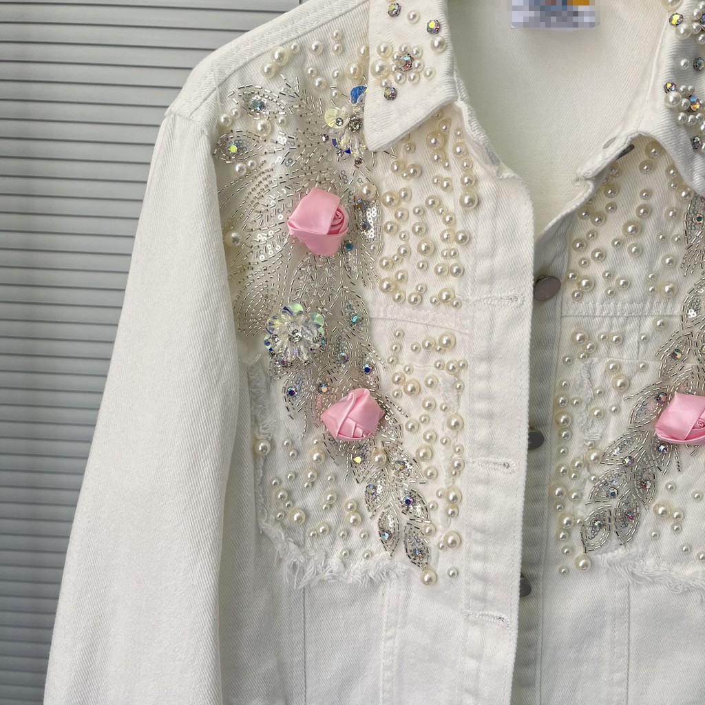 Áo Denim Nữ Công Nghiệp Nặng Đính Hạt, Phong Cách Châu Âu Mới với Họa Tiết Hoa Ba Chiều